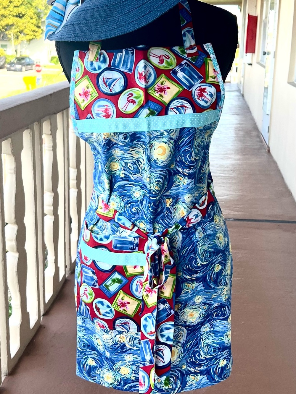 Starry Night Apron with Floral Pocket.Handmade. Each Apron is Unique…